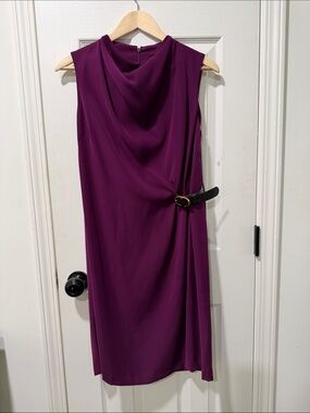 Donna Karan Plum Sleeveless Midi Dress with Side Belt Accent